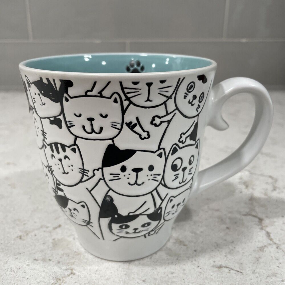 CAT FACE PALS Repeat Faces Mug 17oz Spectrum Designz 2024 Aqua Green Inside NEW